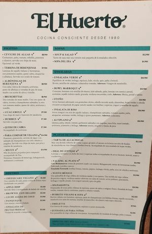 Speisekarte at El Huerto in Santiago