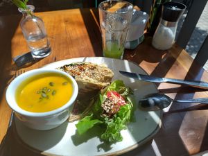 Vegan burrito with carrot soup at El Huerto in Santiago