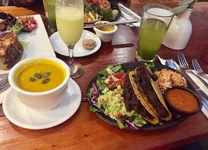 Chicana vegana and pumpkin soup at El Huerto in Santiago