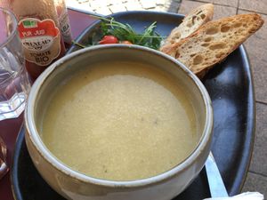 Soup of the day served with toasted bread and a small salad at Utopia in Bordeaux