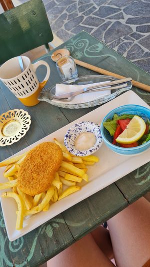 Vegan fish and chips, so delicious! at Coffee Circus Joy in Marsalforn