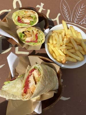 Vegan chicken wraps and chips  at Coffee Circus Joy in Marsalforn