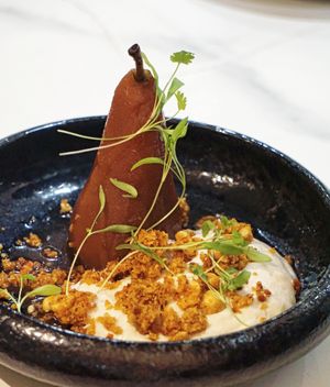 Pears poched with coconut cream and hazelnuts at La Brasserie Bleue in Vannes