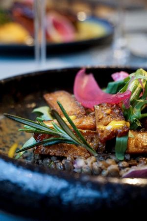 
lentil salad, tarragon and "tofu bacon" at La Brasserie Bleue in Vannes