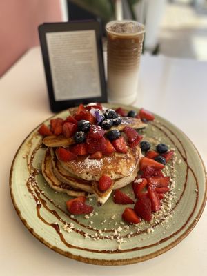 Vegan pancakes and iced coffee  at Brunchit in Malaga