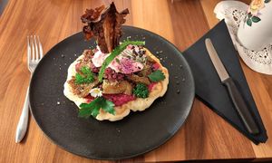 Sein waffle with seitan and beetroot hummus at Formidable Pelikan in St Gallen