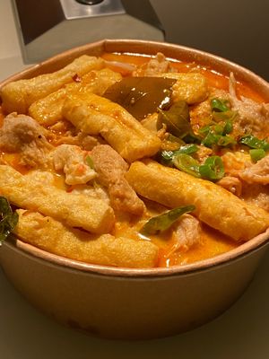 Asian Sri Lankan coconut ramen with mock meat and mock fish. For vegan order with no boiled egg). at Mr Miyagi in Sheffield