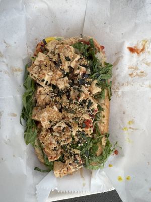 Tofu poke hot dog  at Veggi Dogs in Honolulu