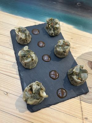 Dim sums with vegan minced meat (would rate  6/10)  at Wolf Sharing Food Market in Brussels