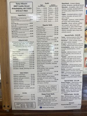 Menu  at Tasty Hibachi in Arkadelphia