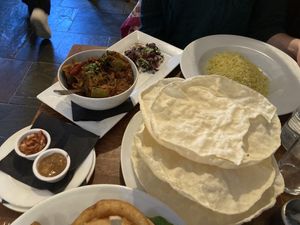 Veg curry and papadums  at The Auld Smiddy Inn in Pitlochry