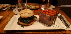 Veggie burger with sweet potato fries at ALEX in Dusseldorf