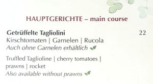 menu - tagliolini can be veganized at MUC - Käfer - T2 in Munich