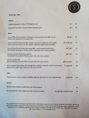 Dinner menu July 2023 at Simes Kitchen in Kaikoura