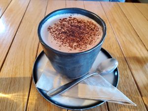 Hot chocolate (soy milk) at Simes Kitchen in Kaikoura