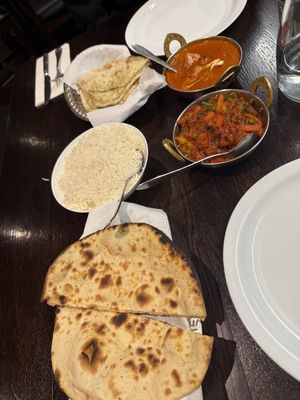 Vegetable Jalfreezi and vegan roti (vegan) and paneer masala with garlic naan (vegatarian)   at Kaikoura Indian in Kaikoura