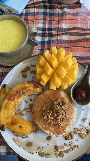 Vegan Pancakes and golden milk with almond milk. Delish   at JaJa Cafe & Spice in Koh Phi Phi