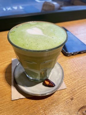Matcha latte with homemade almond milk   at Sèves in Nancy