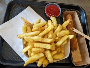 Large fries with Poulycroc Vegetarien.  The Poulycroc was bigger than it looks in the picture.  The meal was filling at Friterie Sebastien in Stavelot