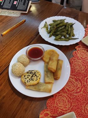 Spring rolls, sesame balls and sweet potato disks at Albufeira Sushi in Albufeira