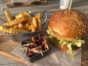 Vegan burger made of beans and buckwheat. Contains pesto. Very tasty!   at Drunk Cherry in Gudauri