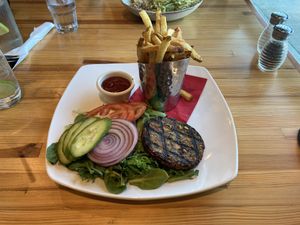 Veggie burger without bun, side of fries.  at 7 Devils Waterfront Alehouse in Coos Bay
