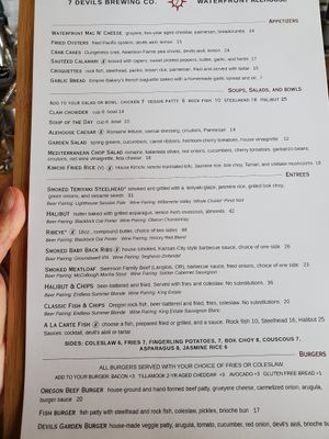 Current menu at 7 Devils Waterfront Alehouse in Coos Bay