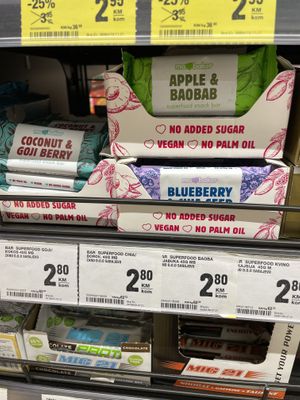 Several vegan power bars  at Mercator Hipermarket in Mostar