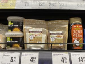 Nutritional yeast and coconut syrup and sugar  at Mercator Hipermarket in Mostar