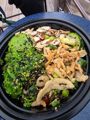 Vegan Steak pokebowl with fresh avocado at PokeBox in Nags Head