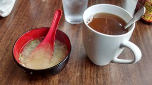 Miso soup and ginger tea at Urban Vegan - Lake View in Chicago