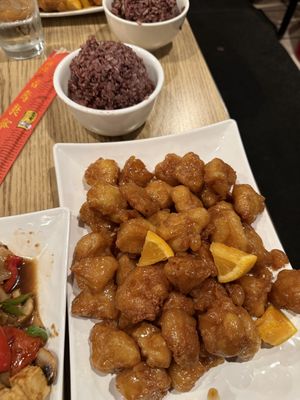 orange chicken and purple rice  at Urban Vegan - Lake View in Chicago