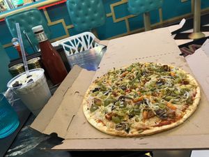 London pizza w/ vegan cheese and oreo monster shake  at Can't Believe It's Not Meat - Chicago Ave in Chicago