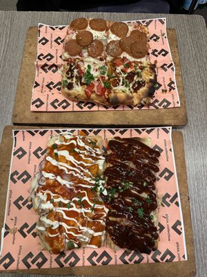 (Top) pepperoni and sausage, (Bottom) buffalo chicken and bbq chicken.   at Pizza Collective in New York City