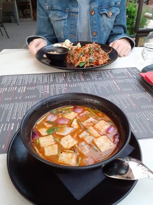 Back: Phad Thai with Tofu (without egg and oyster sauce)  front: Tom Yam soup at ARROI Restaurant in Bled