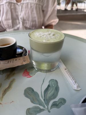 Coconut matcha. They claimed it was vegan with oat milkk  at Hygge in Lisbon