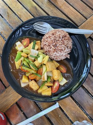 Sweet and sour tofu with rice  at Veggie Tales x Wagging Tales Cafe in Hua Hin