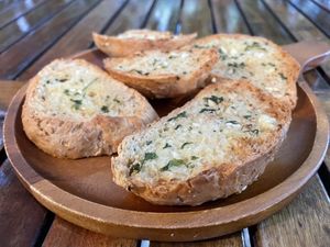 Vegan garlic bread, 70 baht  at Veggie Tales x Wagging Tales Cafe in Hua Hin