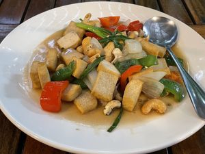 Stir-fried tofu with cashew nuts, 120 baht  at Veggie Tales x Wagging Tales Cafe in Hua Hin