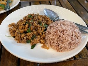 Stir-fried plant-based meat with basil leaves and steamed rice, 120 baht  at Veggie Tales x Wagging Tales Cafe in Hua Hin