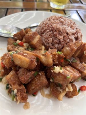 Chilli and salt pork belly. I still dream of this 🤤  at Veggie Tales x Wagging Tales Cafe in Hua Hin