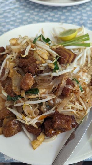 Pad Thai with vegan pork belly at Veggie Tales x Wagging Tales Cafe in Hua Hin
