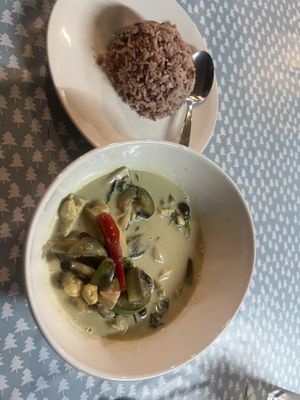 Green curry with vegetables and tempeh + steamed rice  at Veggie Tales x Wagging Tales Cafe in Hua Hin
