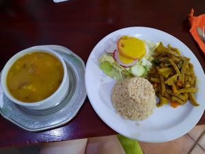 Soy, rice, salad, vegetable soup 😁 at El Huerto in Barranquilla