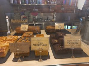 Vegan cakes on counter at Laughing Dog in Worthing