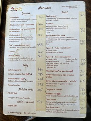 Menu in Serbian   at AhimSa Vega-Yoga in Belgrade