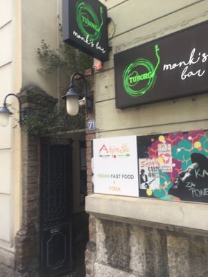 The alleyway entrance to Monks bar and Ahimsa. at AhimSa Vega-Yoga in Belgrade