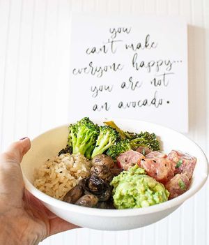 Bowl with Sesame Noodles, Roasted Mushrooms, Sesame Ginger Broccoli, Spicy Ahi Tuna, and Avocado Smash	
 at Mahana Fresh in Charlotte