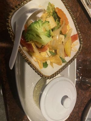 3/5 Red Curry. It was okay, not much flavor on its own. Medium spicy for baby mouths   at Lemongrass Restaurant & Sake Bar in Moultonborough