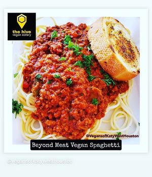 Our super popular Beyond Meat Spaghetti  at the hive vegan eatery in Houston